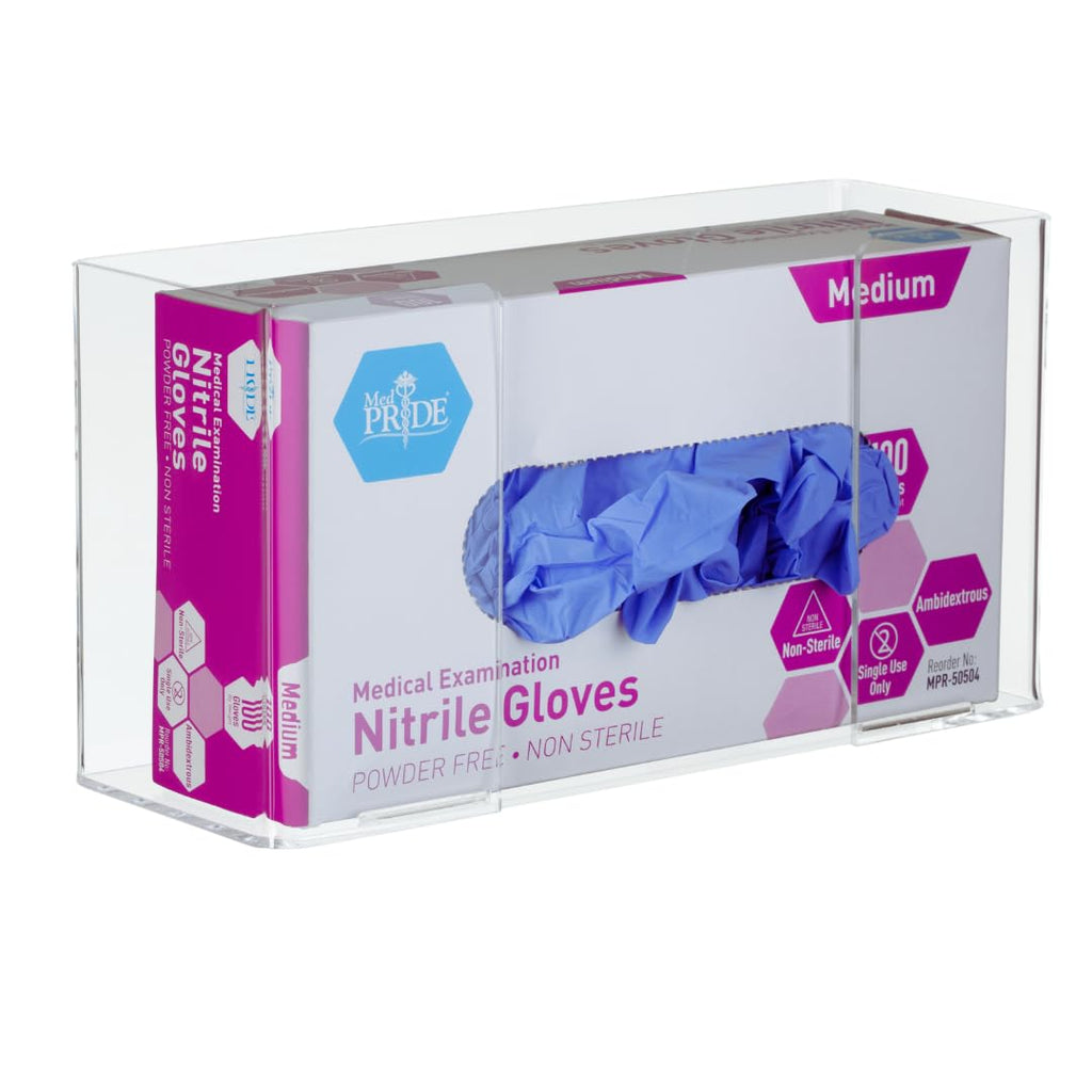 Single-compartment clear acrylic glove dispenser holding one box of nitrile exam gloves, with a blue glove protruding for easy access