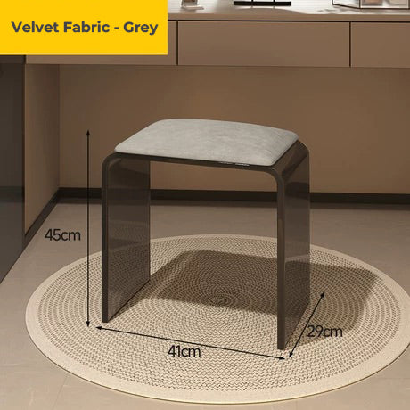 Smoke black acrylic vanity stool with grey velvet fabric cushion, showing 41cm x 29cm x 45cm dimensions