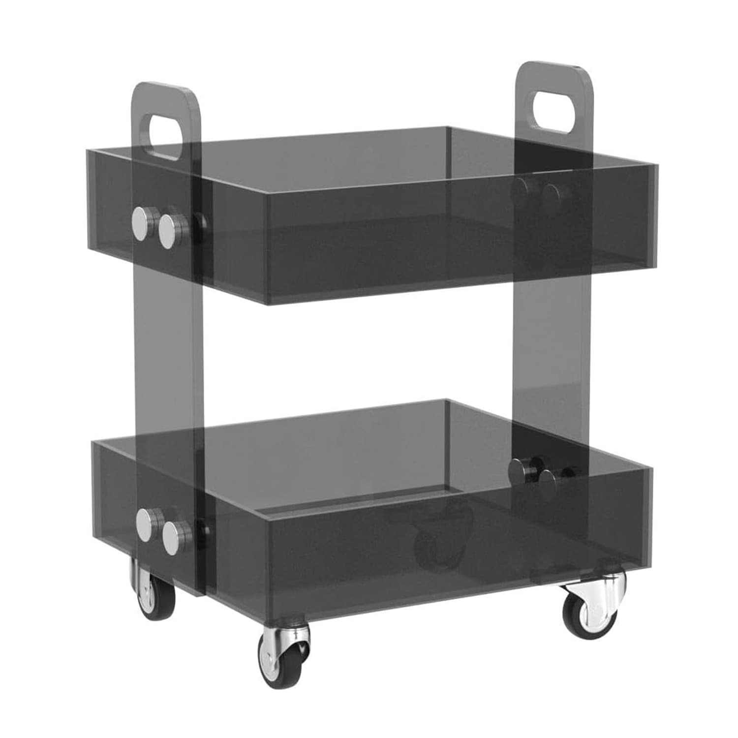 Smoke gray 2-tier acrylic rolling cart with modern minimalist design