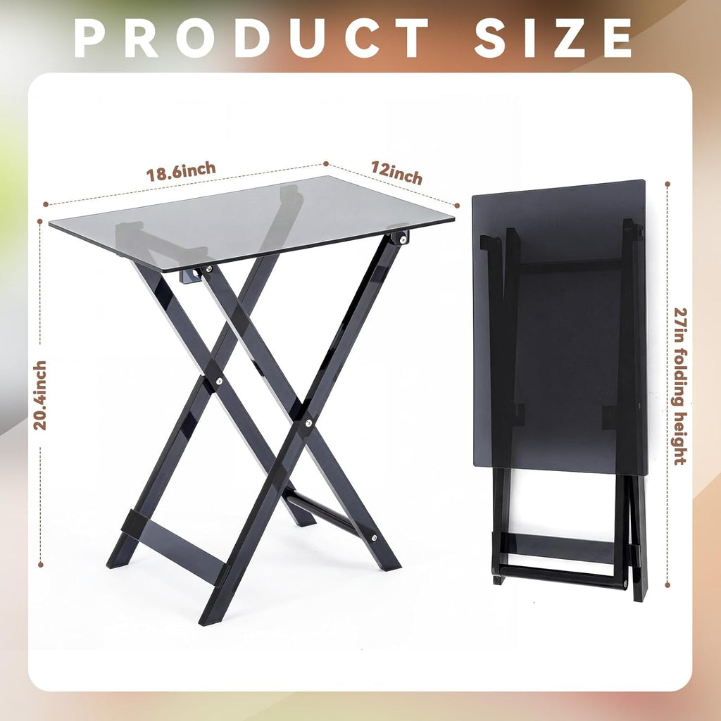 Dimension diagram of the smoky black acrylic table: 18.61" x 12" x 20.4" when open, 27" tall when folded for storage