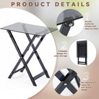 Feature breakdown of the smoky black acrylic table, showcasing its easy-to-clean material, foldable storage, and tool-free setup
