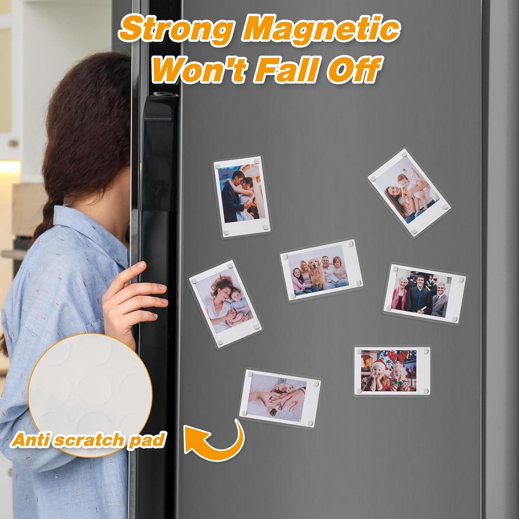 Strong magnetic acrylic photo frames securely attached to a refrigerator door, displaying family photos with anti-scratch silicone pads protecting the fridge surface