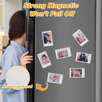 Strong magnetic acrylic photo frames securely attached to a refrigerator door, displaying family photos with anti-scratch silicone pads protecting the fridge surface