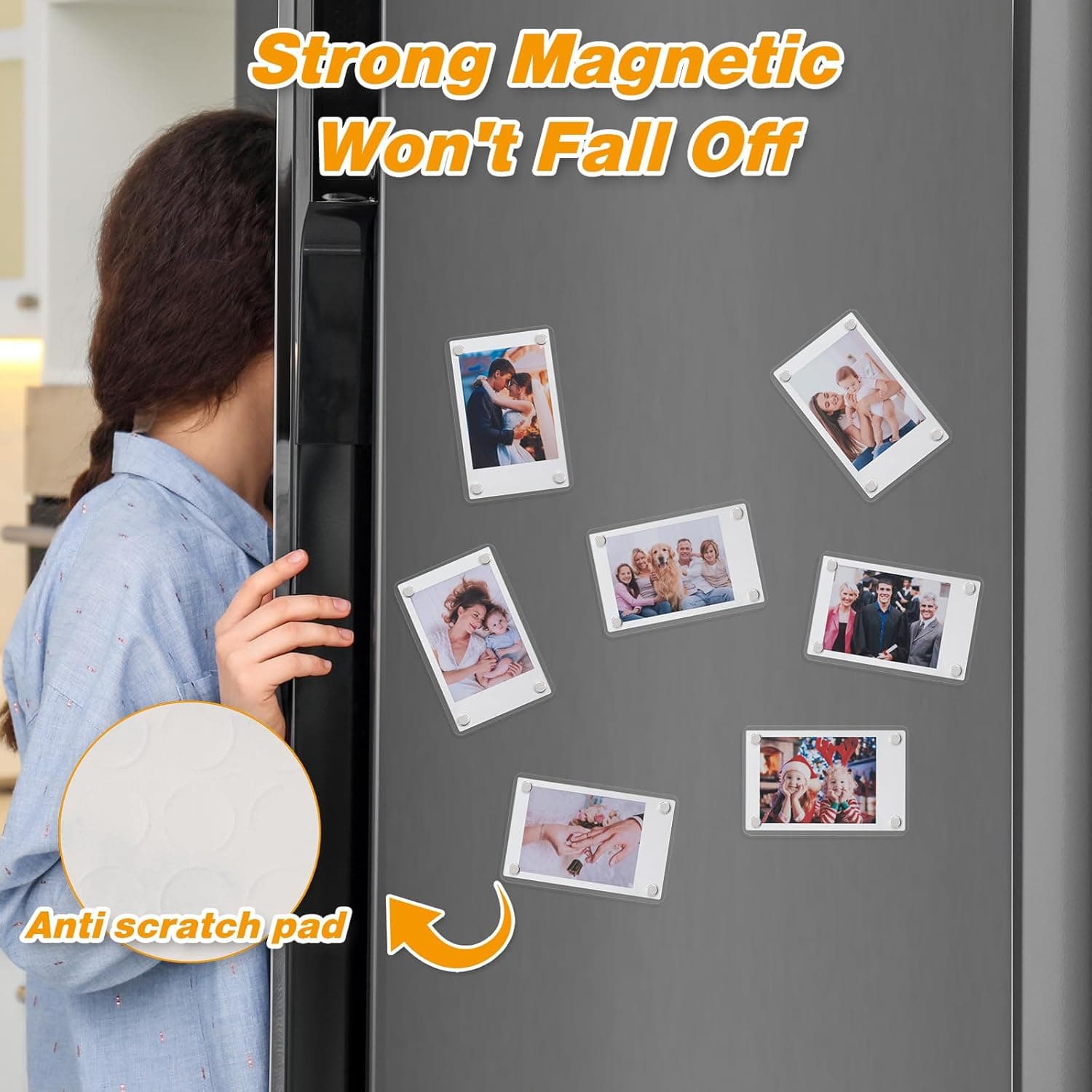Strong magnetic acrylic photo frames securely attached to a refrigerator door, displaying family photos with anti-scratch silicone pads protecting the fridge surface