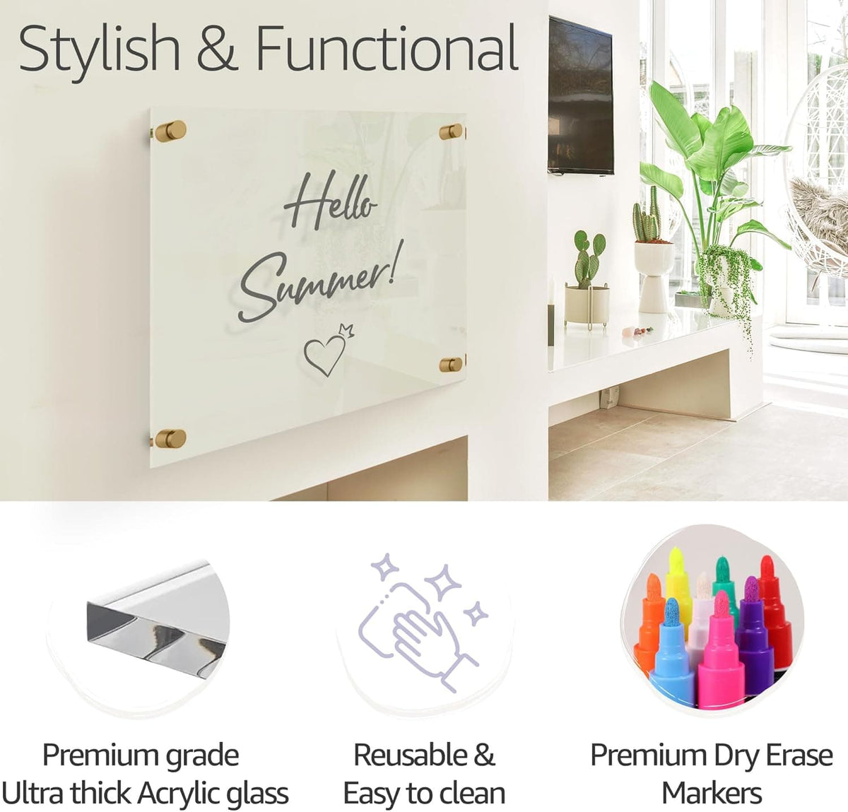 Stylish acrylic wall calendar with features: premium ultra-thick acrylic, easy to clean, and premium dry erase markers