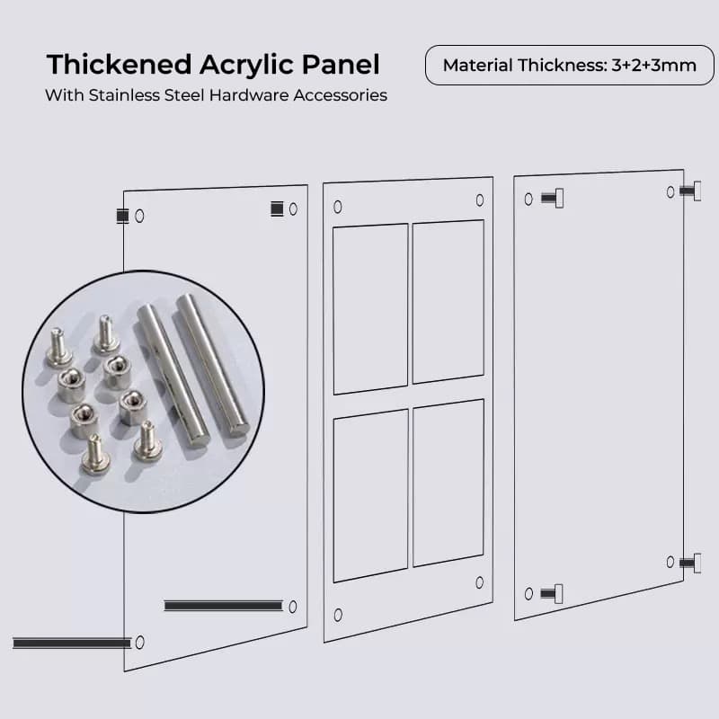 Exploded view of thickened acrylic photo frame panel (3+2+3mm) with stainless steel screws and hardware accessories
