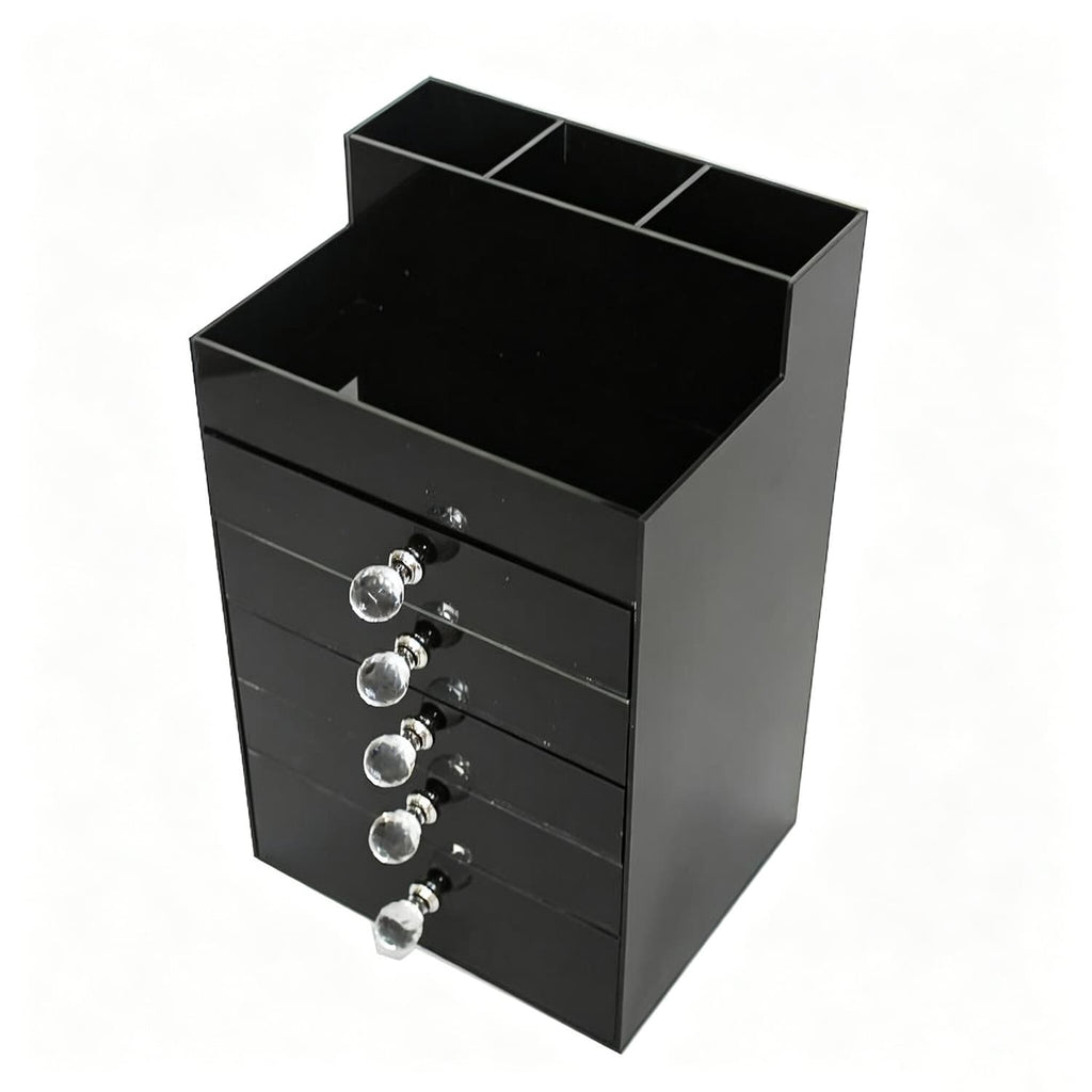 Top angled view of black glossy acrylic makeup storage organizer with multi compartments