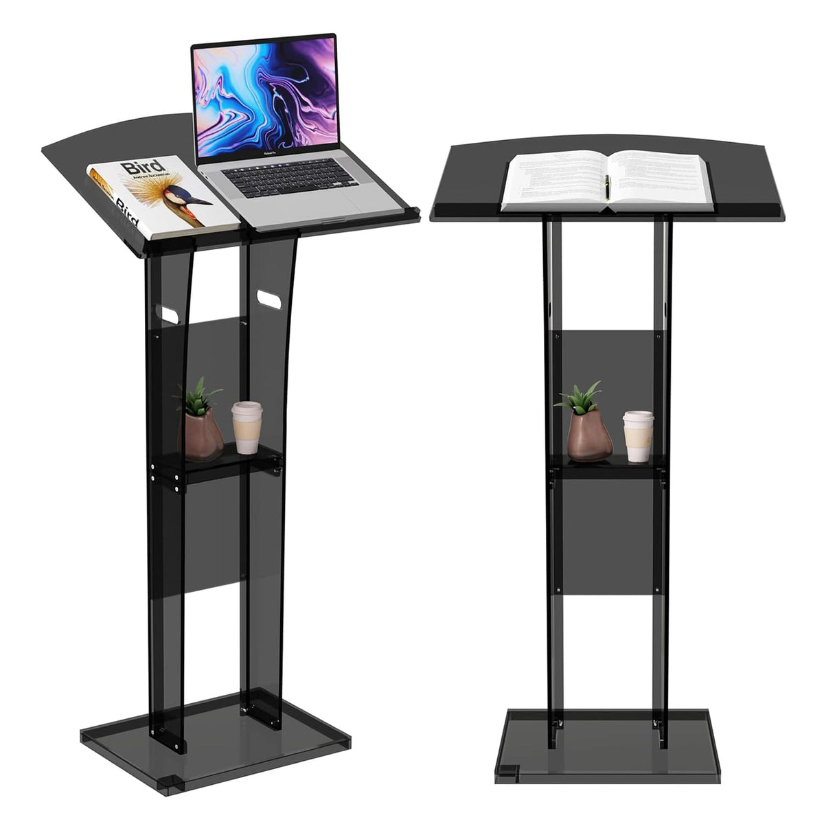 Two styles of translucent black acrylic podiums, one with a laptop and book, the other with an open book, both featuring a storage shelf