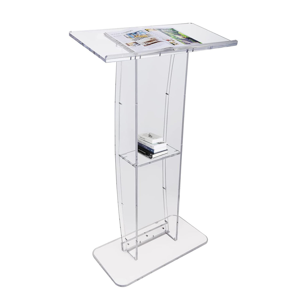 Clear acrylic podium with a slanted desktop, built-in storage shelf holding books, and a wide stable base, ideal for speeches and presentations
