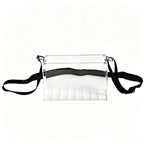 Transparent acrylic carry box with separate compartments and adjustable black strap, retail counter display case on plain white background