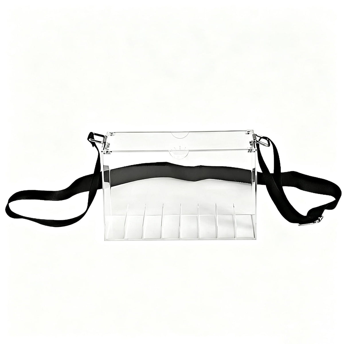 Transparent acrylic carry box with separate compartments and adjustable black strap, retail counter display case on plain white background