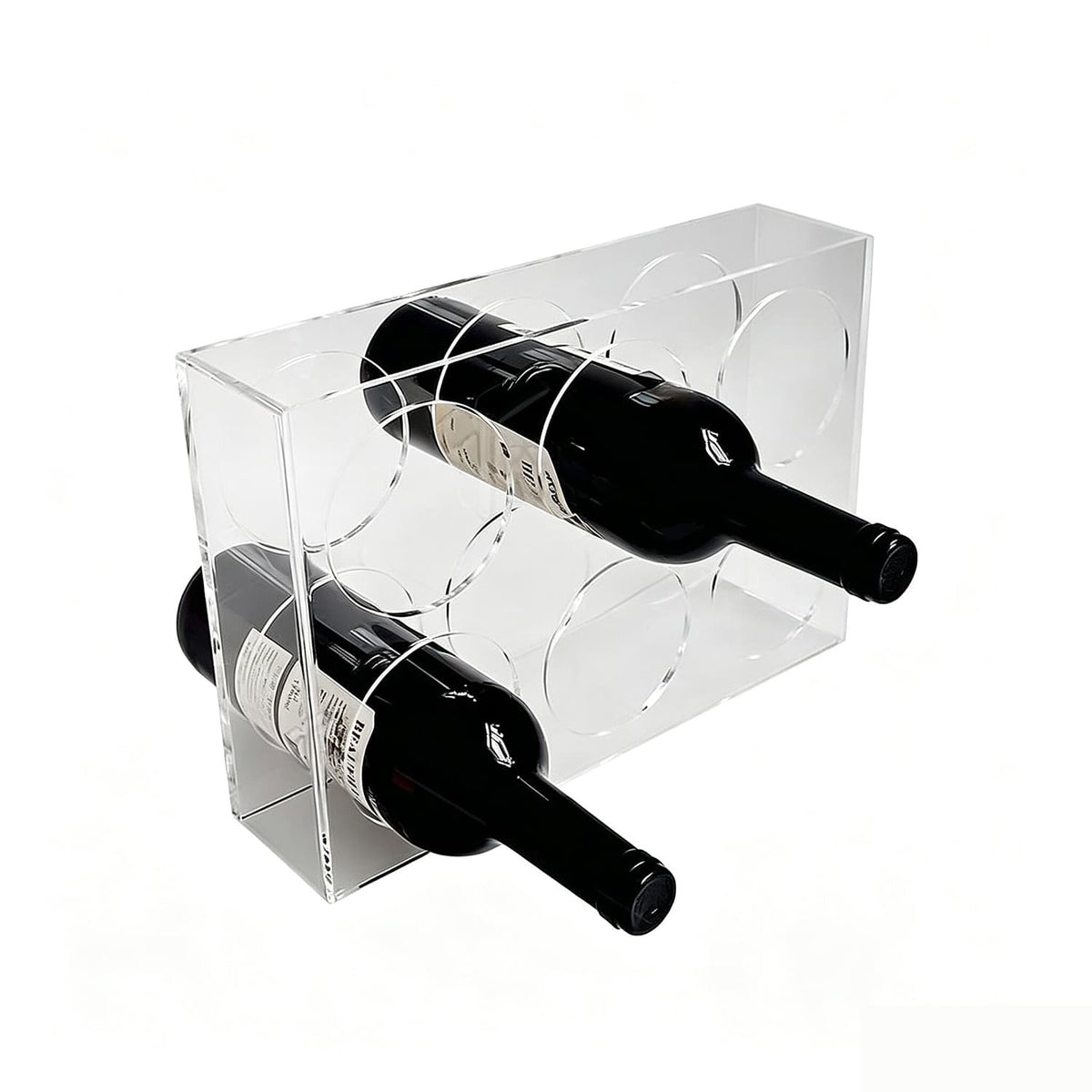 Transparent acrylic wine storage rack, tabletop bottle display stand for wine shop and home decor, plain white background