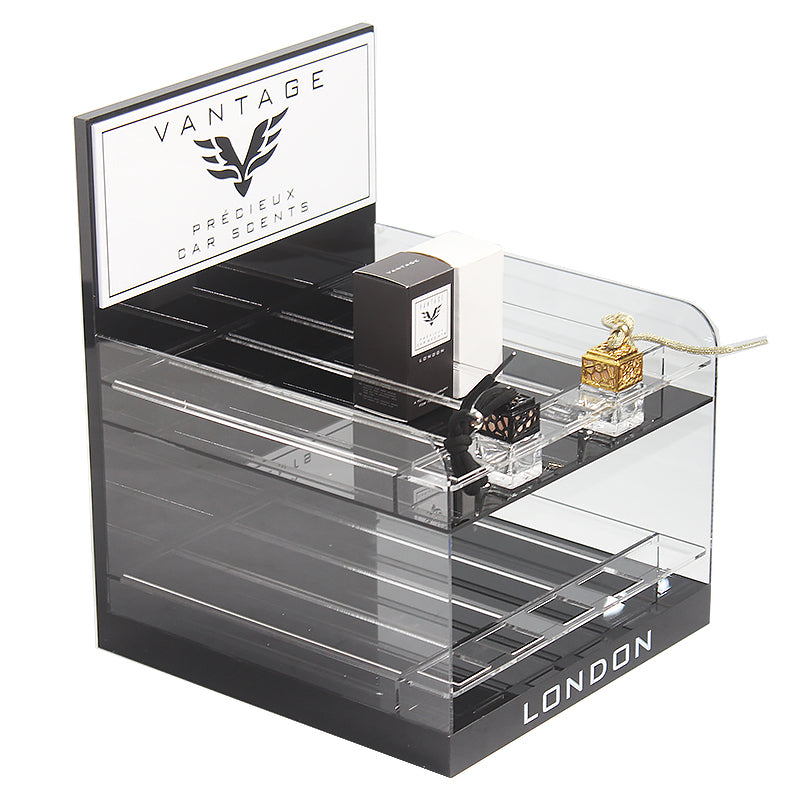 Side angle of 2 tier acrylic car fragrance display rack, mixed black and transparent acrylic with curved edge