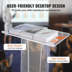 47-inch clear acrylic podium in dual scenes: a professional speaking at an office event and a decorated podium in a church aisle