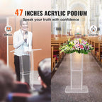 47" Clear Acrylic Podium Stand - 12mm Thickened Lectern with Storage Shelf, Ergonomic Tilted Desktop & DIY Decor for Church Office Events
