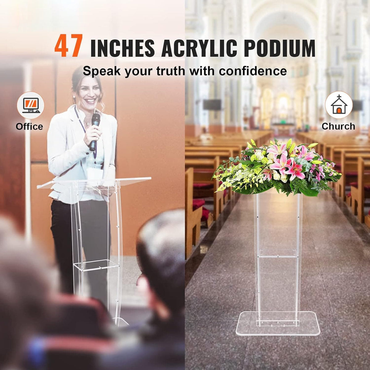 47" Clear Acrylic Podium Stand - 12mm Thickened Lectern with Storage Shelf, Ergonomic Tilted Desktop & DIY Decor for Church Office Events