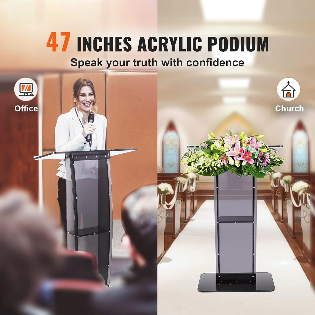 47" Translucent Black Acrylic Podium Stand - 12mm Thickened Lectern with Storage Shelf, Ergonomic Tilted Desktop & DIY Decor for Church Office Events