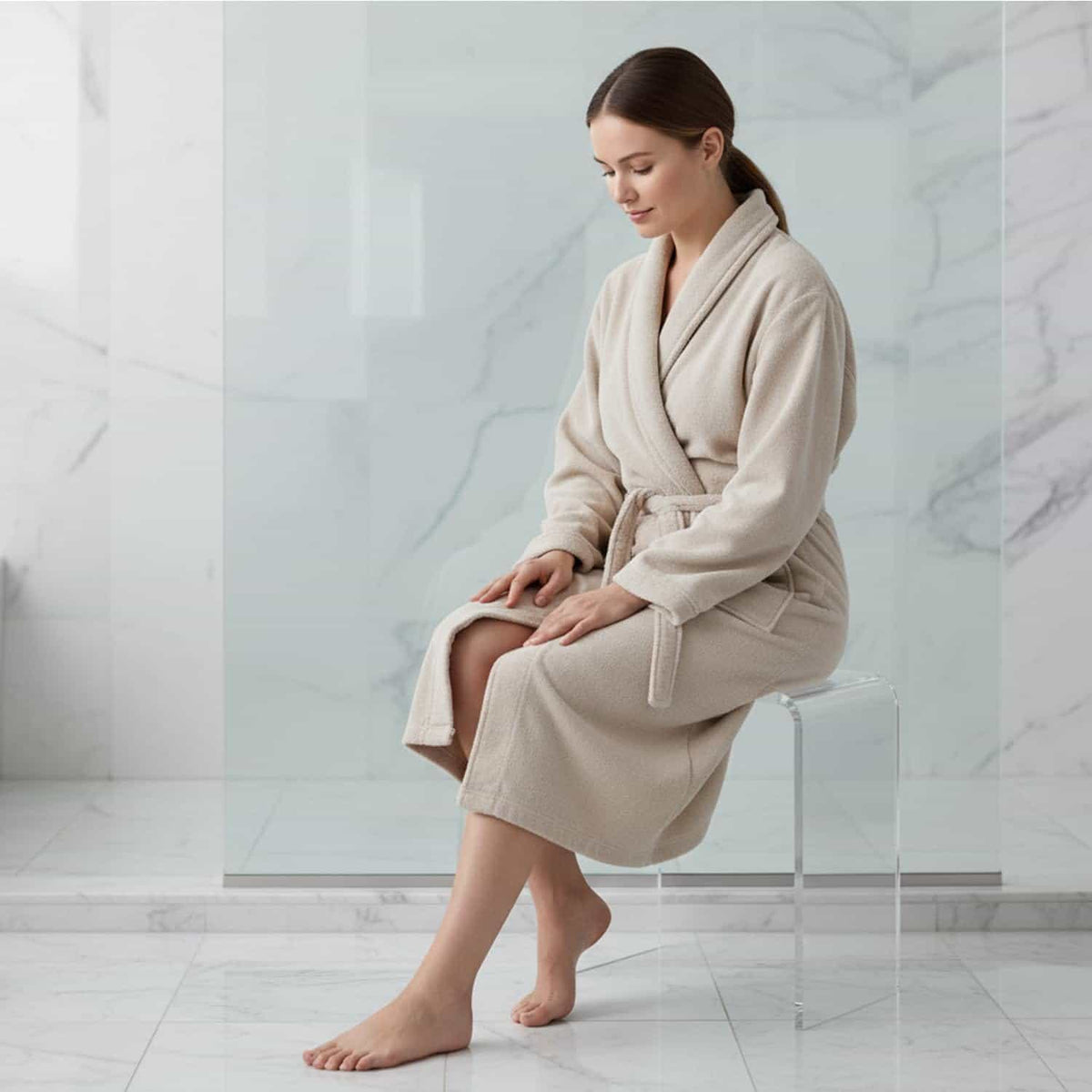 Woman in a bathrobe sitting comfortably on a clear acrylic shower stool in a marble bathroom